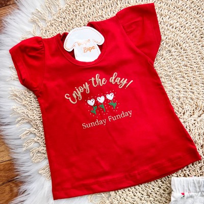 Conj. Blusa Enjoy the Day e Short Flores de Corações - Vermelho